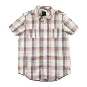 prAna Ostend Short Sleeve Shirt Mens M Orange Gray Plaid Hiking Camping Outdoors